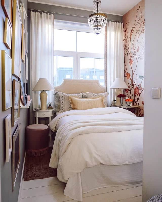 10. Classic Small Bedroom with Floral Feature Wall - tiny bedroom ideas