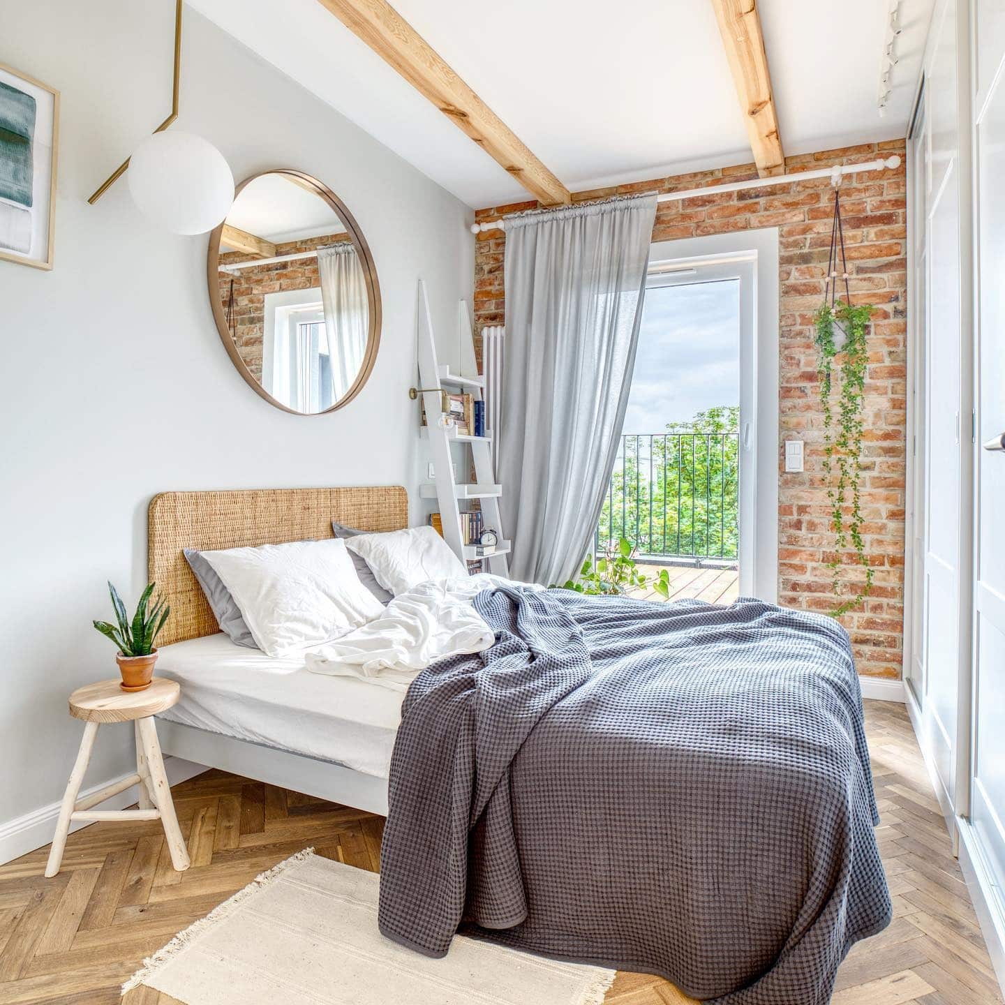 14. Light Gray and Brick Bedroom with Natural Textures - tiny bedroom ideas