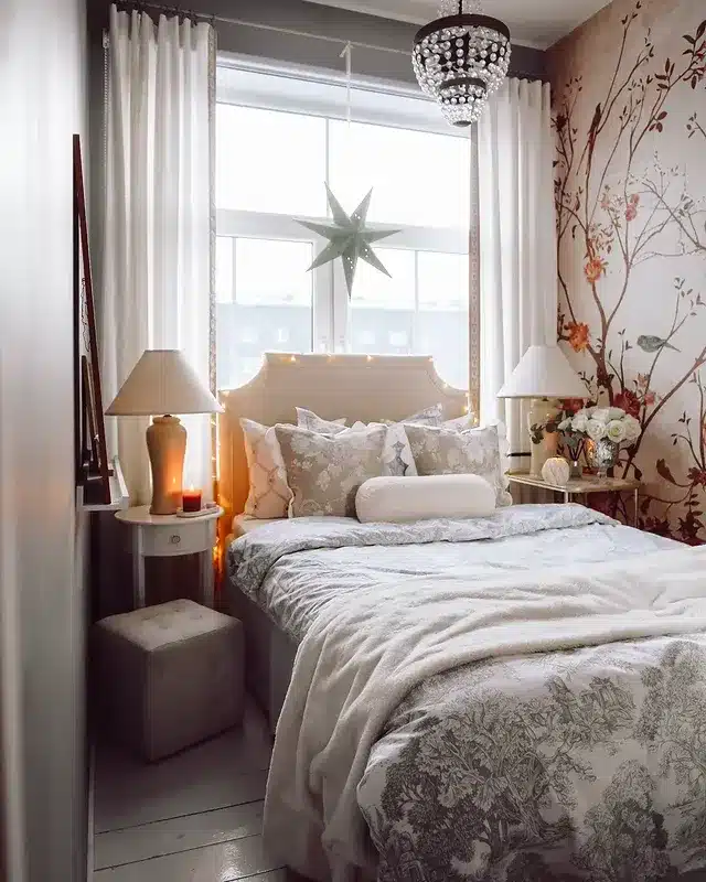 15. Classic Floral Accent Bedroom in Cream and Soft Beige - tiny bedroom ideas