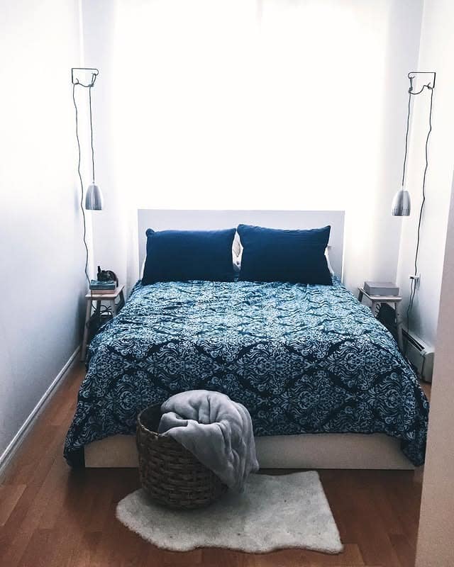 17. Minimal Narrow Bedroom with Deep Blue and White Contrast - tiny bedroom ideas
