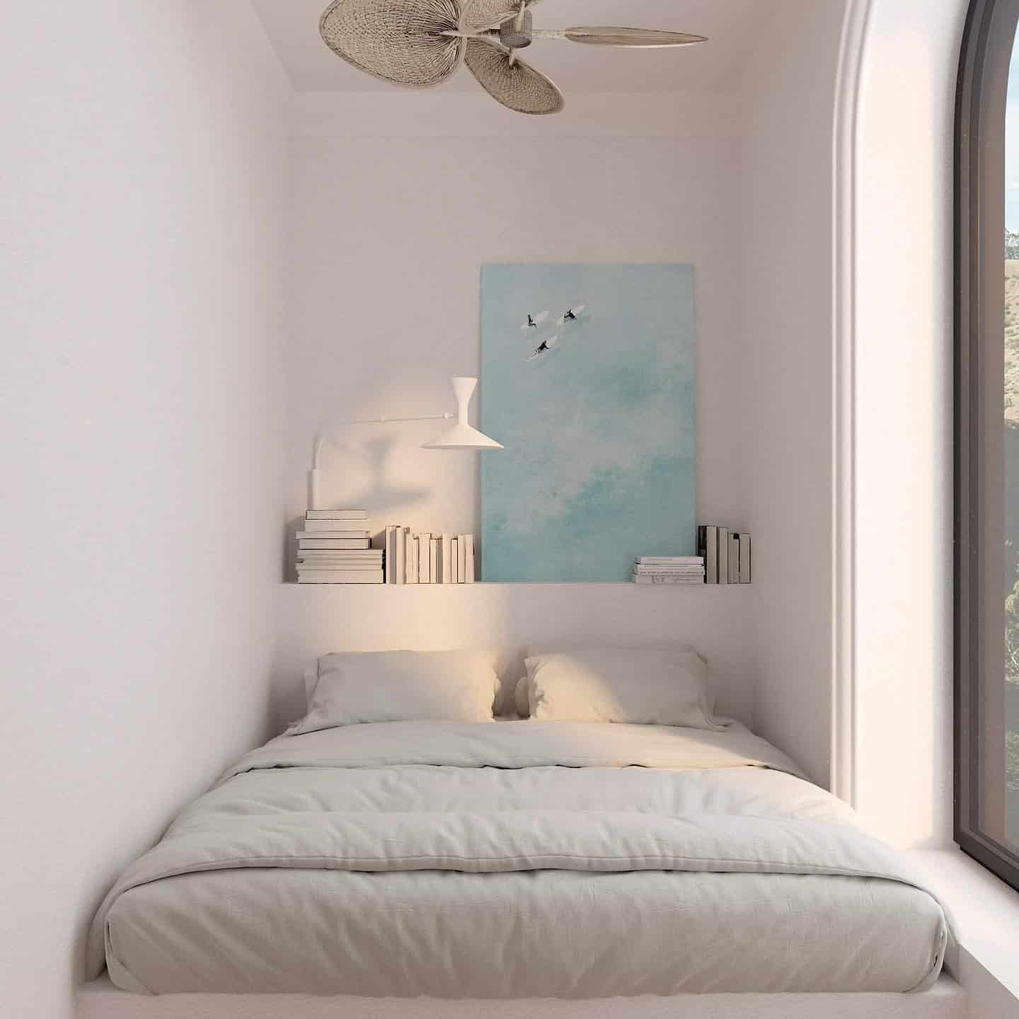 18. Soft Neutral Minimal Bedroom with Pale Blue Art Accent - tiny bedroom ideas