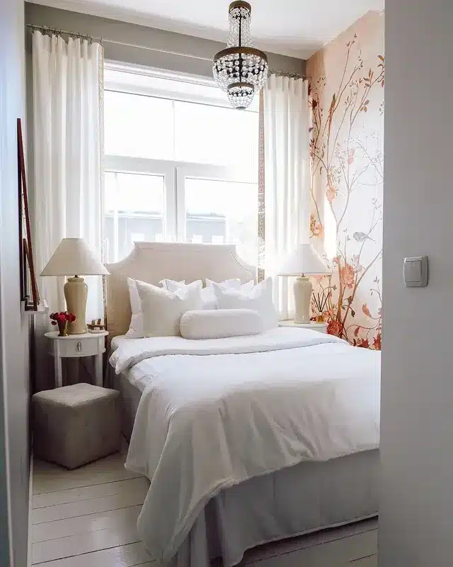 19. Refined Floral Bedroom with Soft White and Warm Accents - tiny bedroom ideas