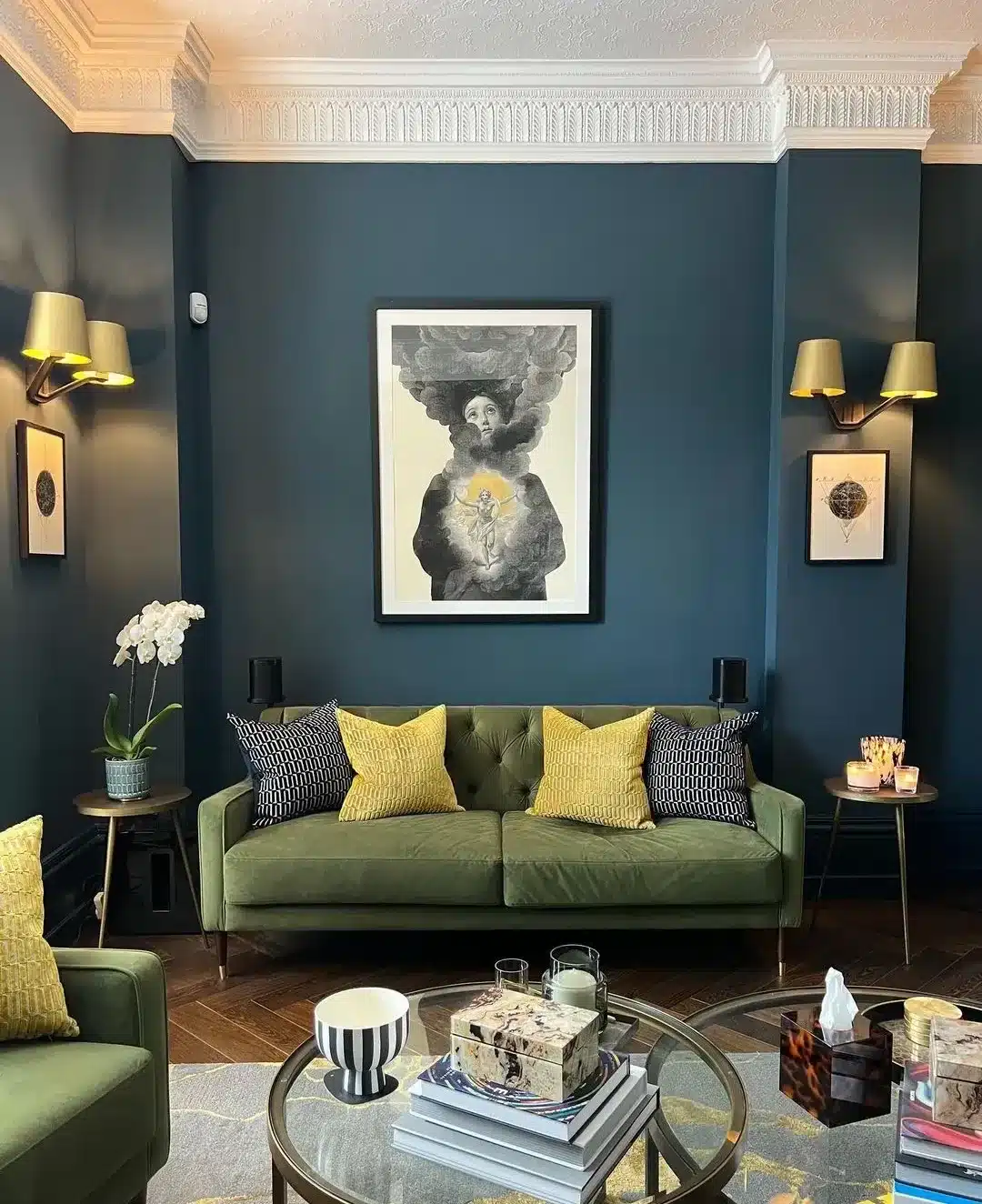 5. Moody Blue Living Room with Olive Green Sofa Pairing - blue living room ideas