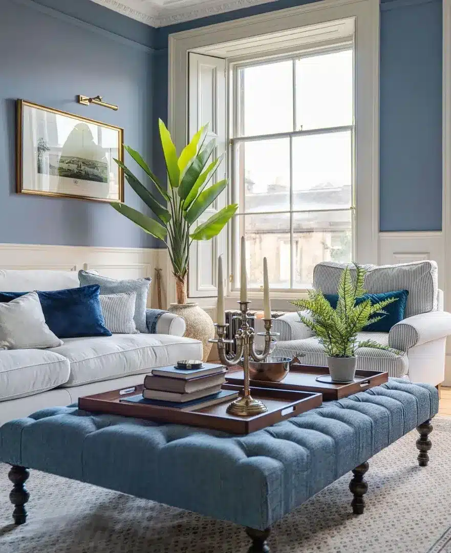 8. Light Blue Living Room with Bright Window Framing - blue living room ideas