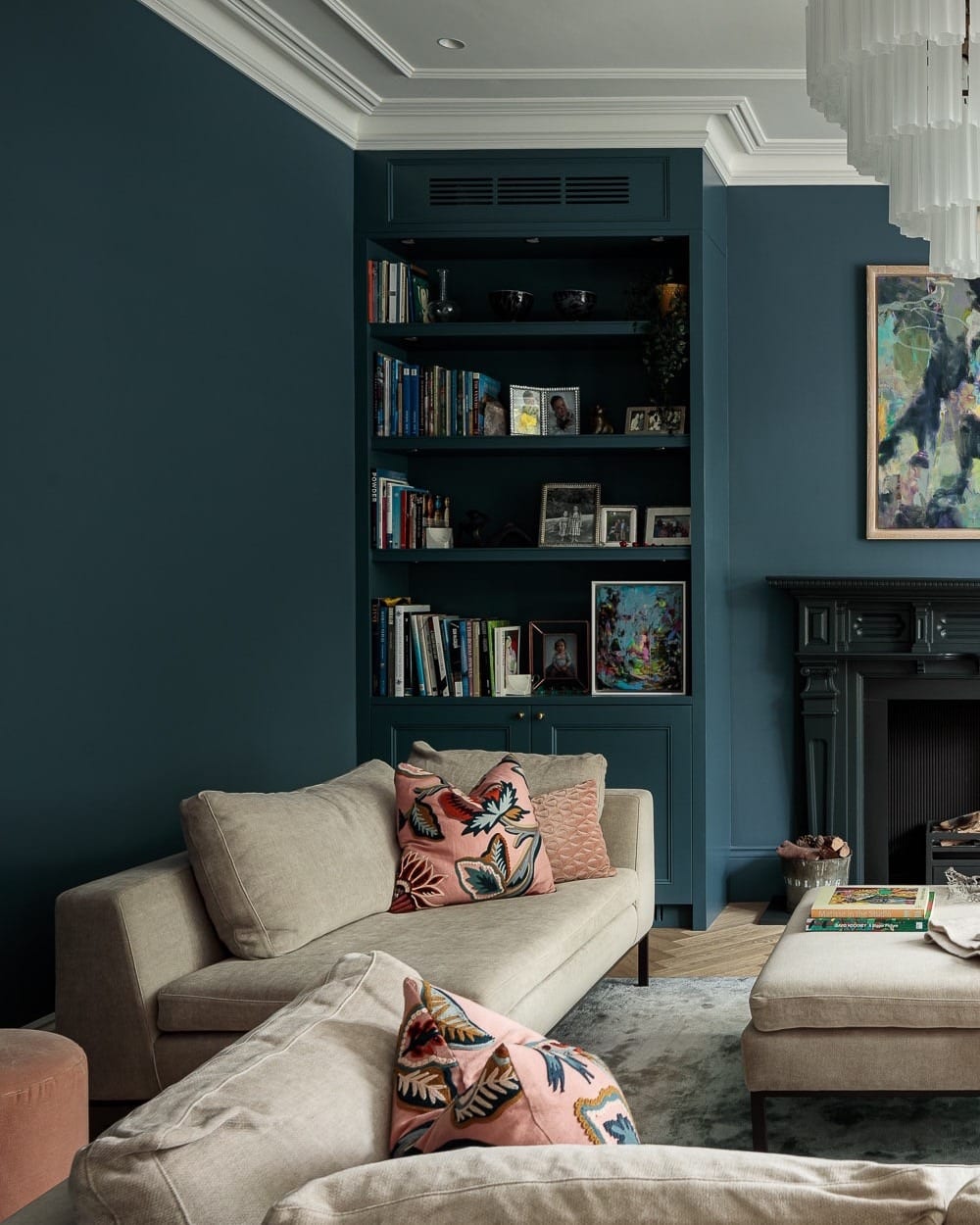 11. Deep Blue Built-In Living Room with Soft Neutral Seating - blue living room ideas