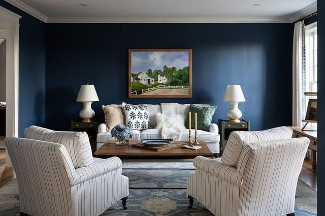 14. Navy Blue Living Room with Symmetrical Classic Layout - blue living room ideas