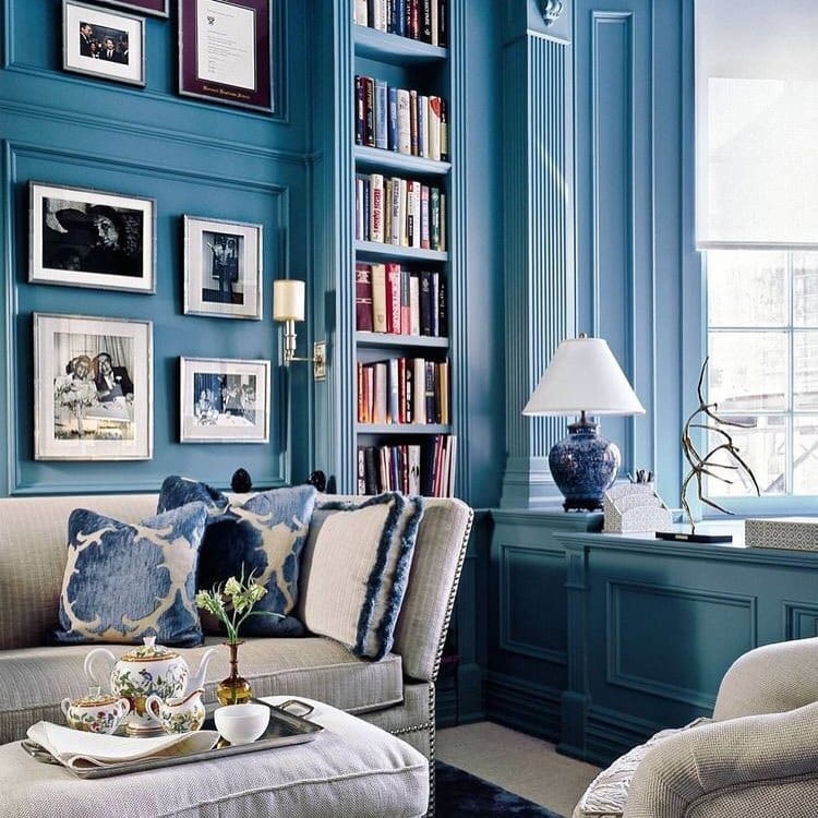 17. Classic Blue Living Room with Built-In Shelving Detail - blue living room ideas