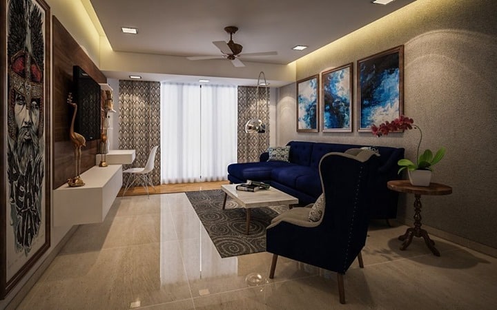 18. Modern Blue Living Room with Warm Lighting Layers - blue living room ideas