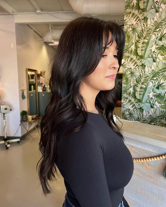 2. Deep Espresso Layered Cut with Feathered Wispy Bangs - Wispy Bangs Hairstyles