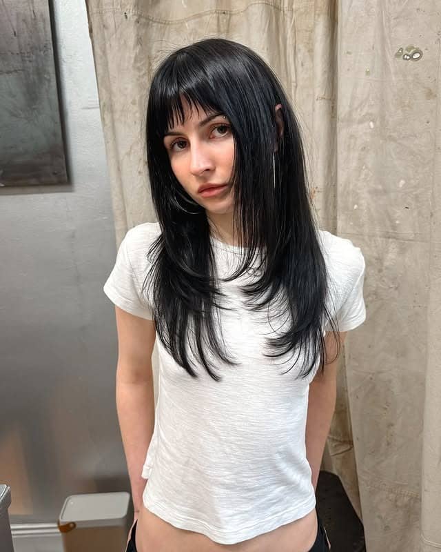 7. Sleek Raven Black Cut with Defined Wispy Fringe - Wispy Bangs Hairstyles