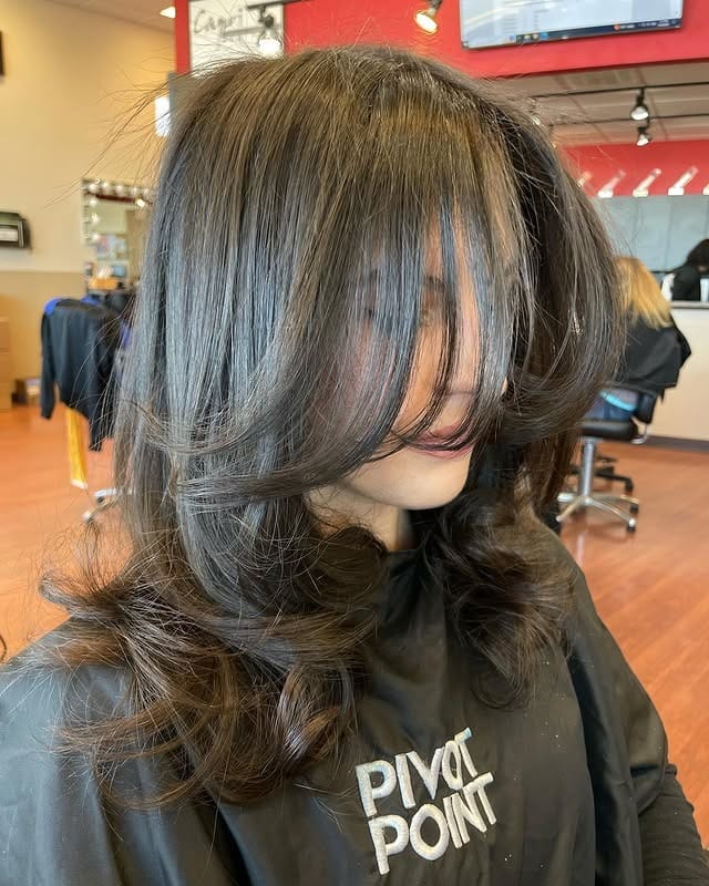 13. Dark Ash Brown Layered Cut with Piecey Wispy Bangs - Wispy Bangs Hairstyles