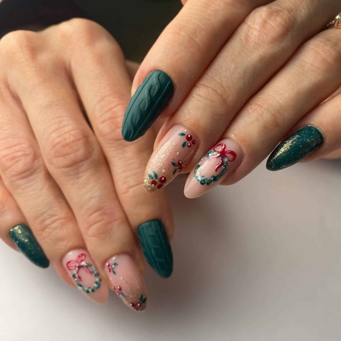 1. Matte Evergreen Sweater Nails with Holly Accents - christmas nail ideas