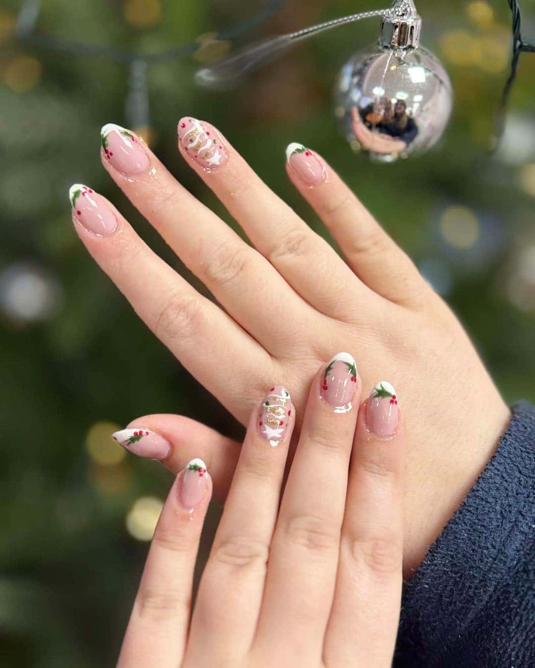 2. French Tip Holly Berry Nails in Soft Pink and White - christmas nail ideas