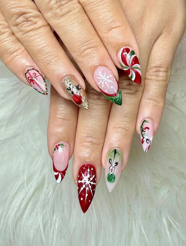 6. Red, Green, and Gold Festive Art Stiletto Nails - christmas nail ideas