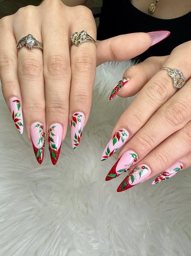 8. Long Stiletto Candy Cane and Holly Nail Design - christmas nail ideas