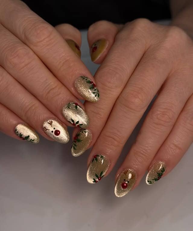 11. Gold Chrome Almond Nails with Reindeer and Holly Art - christmas nail ideas