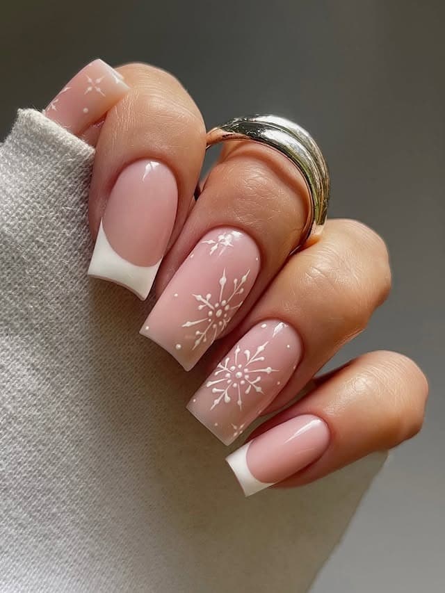 14. Square French Tip Nude Nails with White Snowflake Design - christmas nail ideas