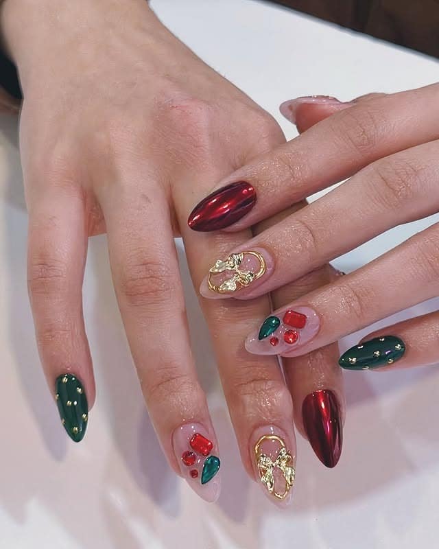 17. Almond Chrome Red and Green Nails with Gold Embellishments - christmas nail ideas