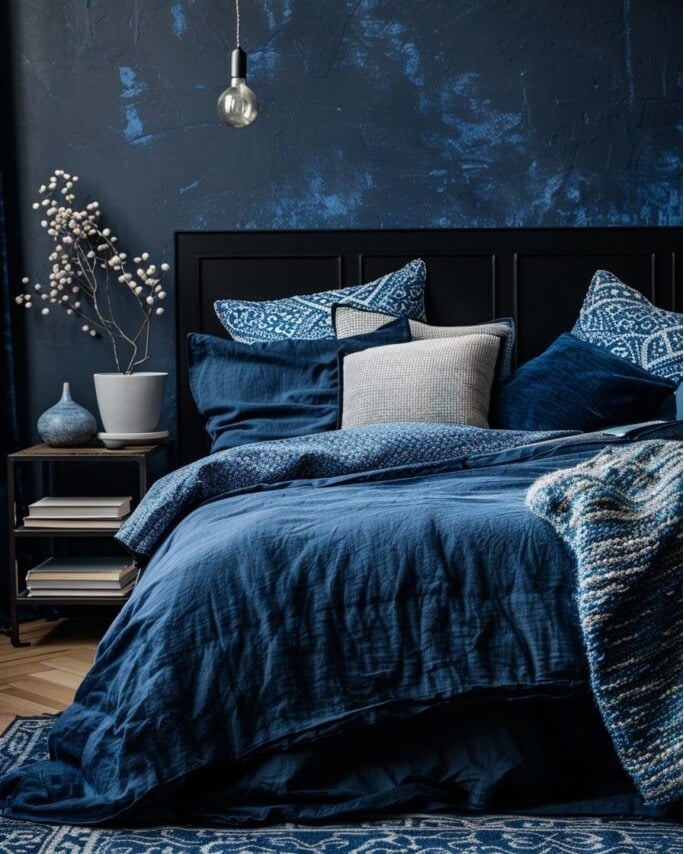 2. Moody Indigo Bedroom with Textured Layers - blue bedroom ideas