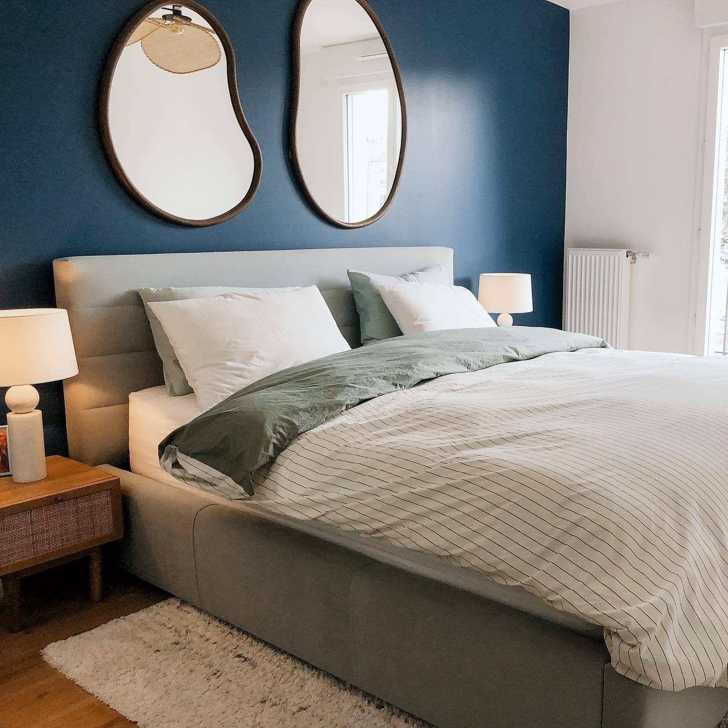 8. Soft Blue Bedroom with Statement Lighting - blue bedroom ideas