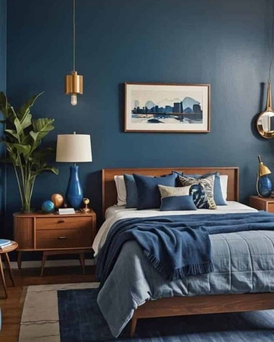 14. Navy Blue Bedroom with Mid-Century Warmth - blue bedroom ideas