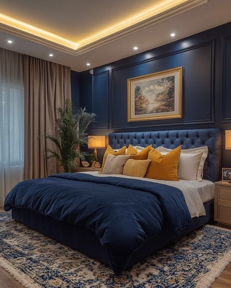16. Luxe Navy Bedroom with Warm Gold Accents - blue bedroom ideas
