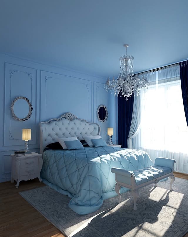 17. Light Blue Classic Bedroom with Elegant Detailing - blue bedroom ideas
