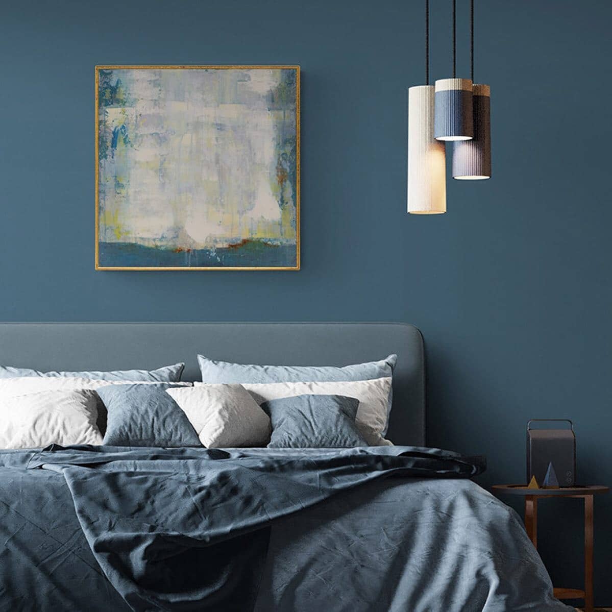 18. Muted Blue Bedroom with Minimalist Styling - blue bedroom ideas