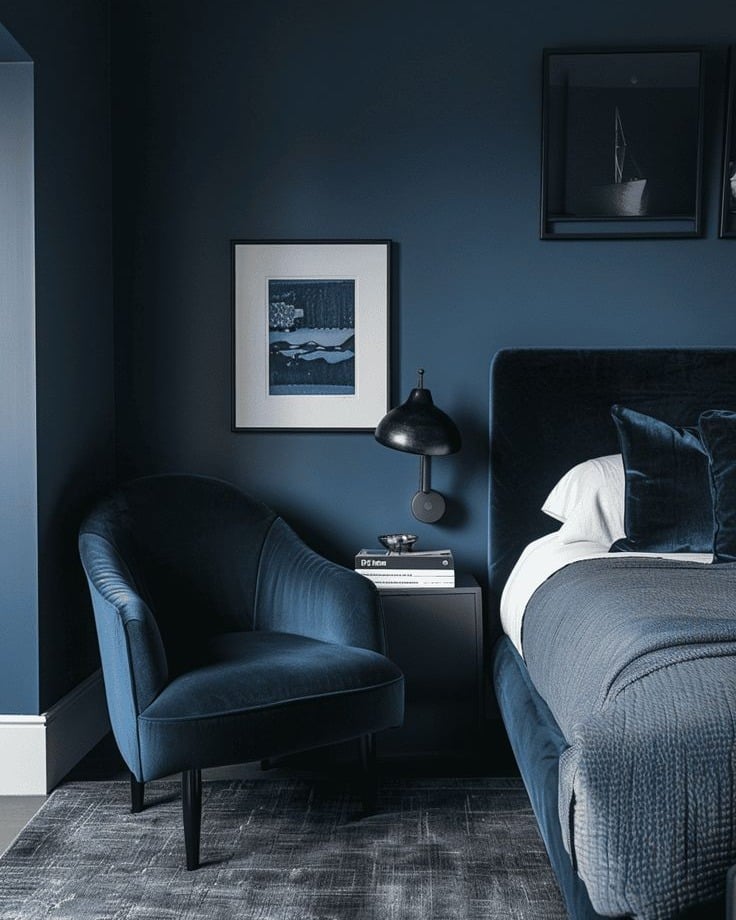 22. Deep Navy Bedroom with Monochromatic Layering - blue bedroom ideas