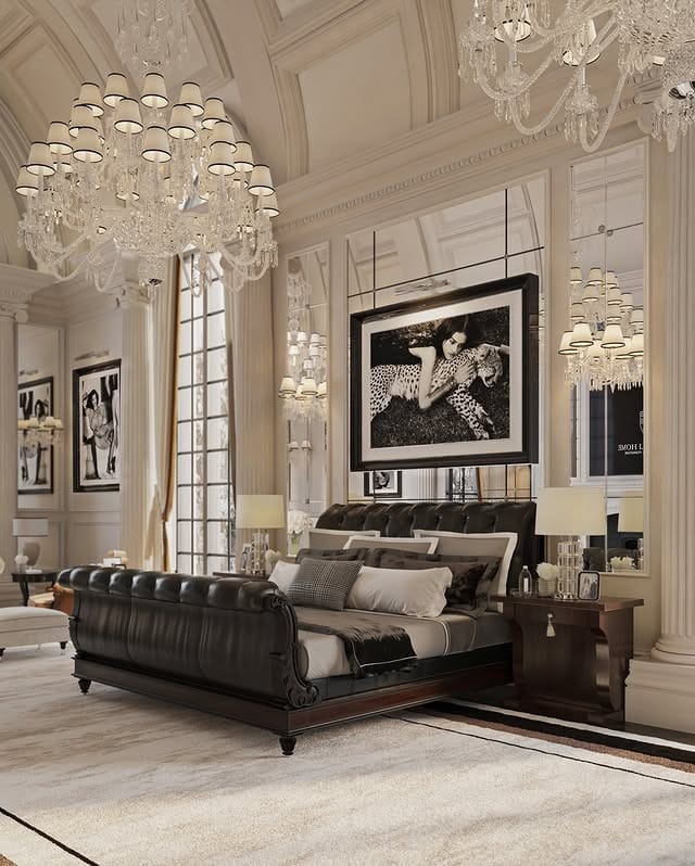 2. Classic Ivory & Black Grand Bedroom with Crystal Chandeliers - luxury bedroom ideas
