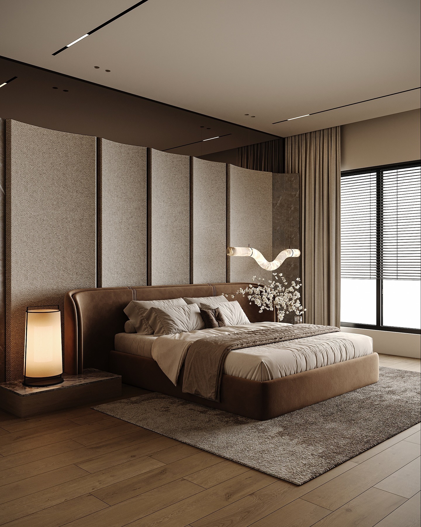 5. Warm Brown & Neutral Bedroom with Textured Wall Panels - luxury bedroom ideas
