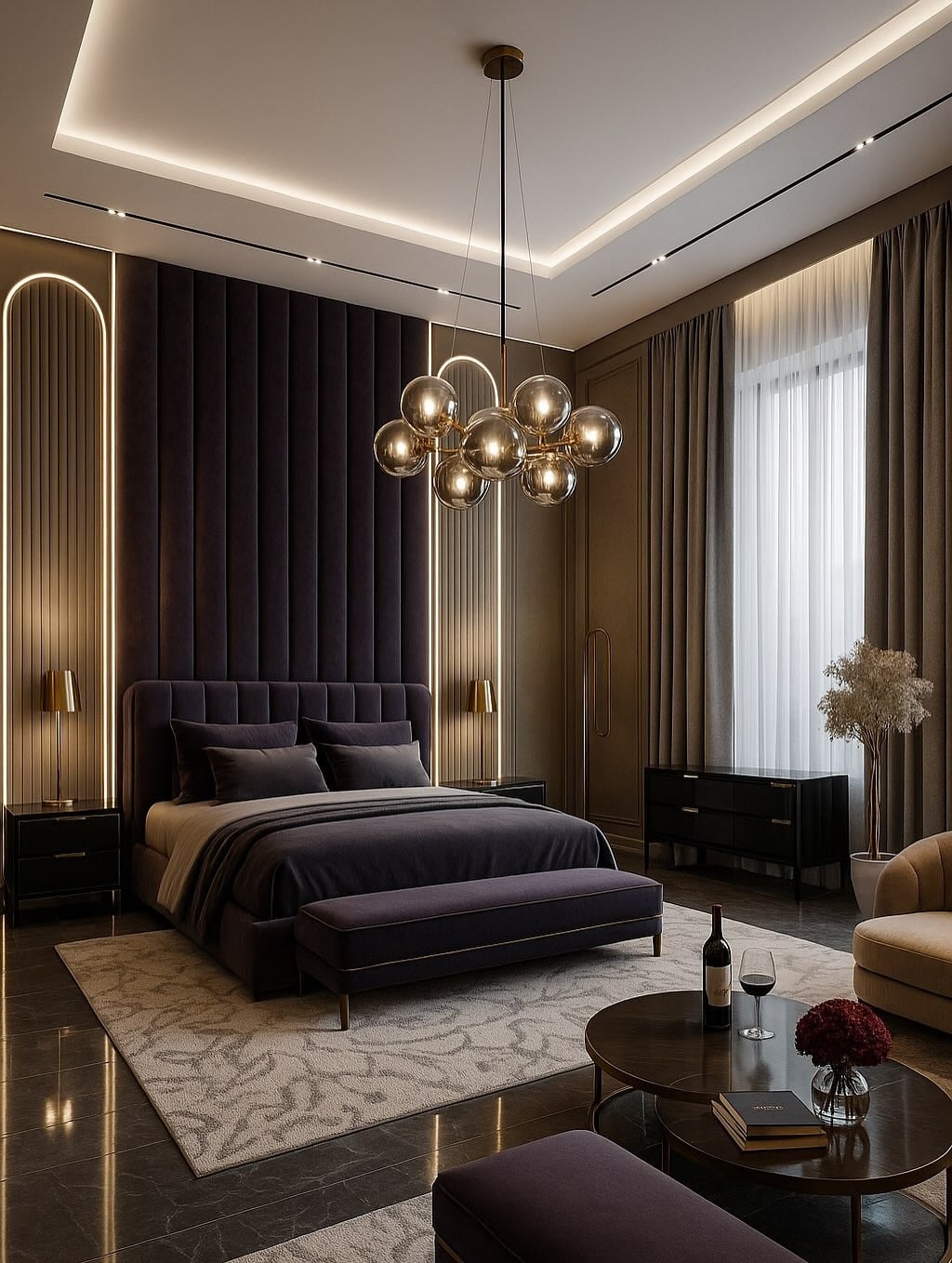 6. Moody Charcoal & Gold Bedroom with Statement Chandelier - luxury bedroom ideas