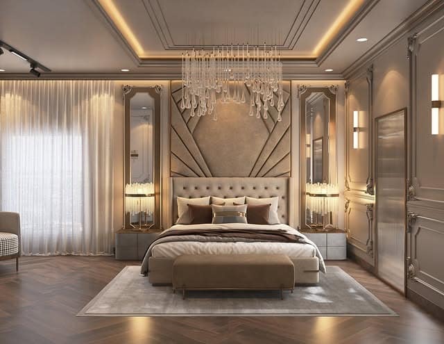 8. Elegant Beige & Champagne Bedroom with Symmetrical Wall Design - luxury bedroom ideas