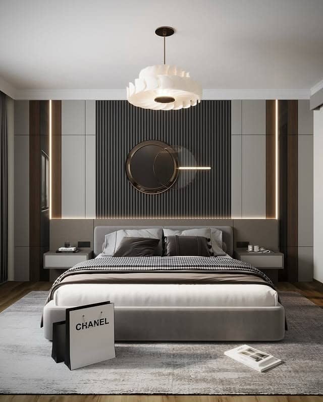 9. Modern Neutral Bedroom with Linear Panel Accents and Minimal Decor - luxury bedroom ideas