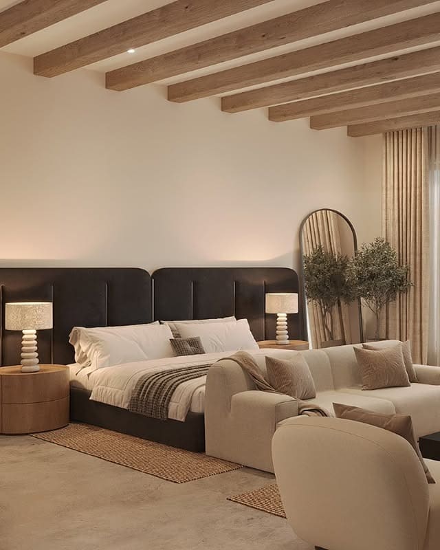 10. Cozy Natural Wood & Cream Bedroom with Exposed Beams - luxury bedroom ideas