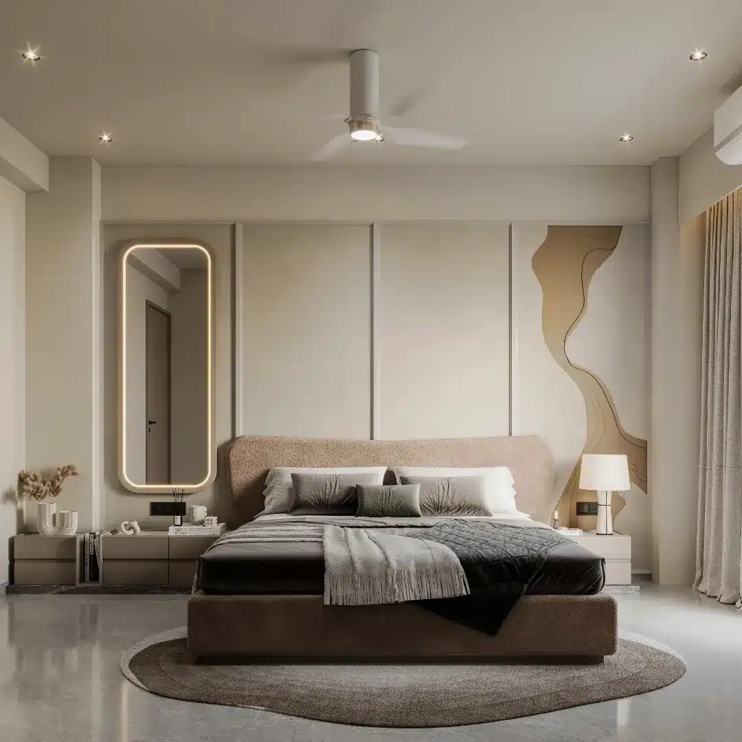 11. Soft Beige Minimal Bedroom with Sculpted Wall Detail - luxury bedroom ideas