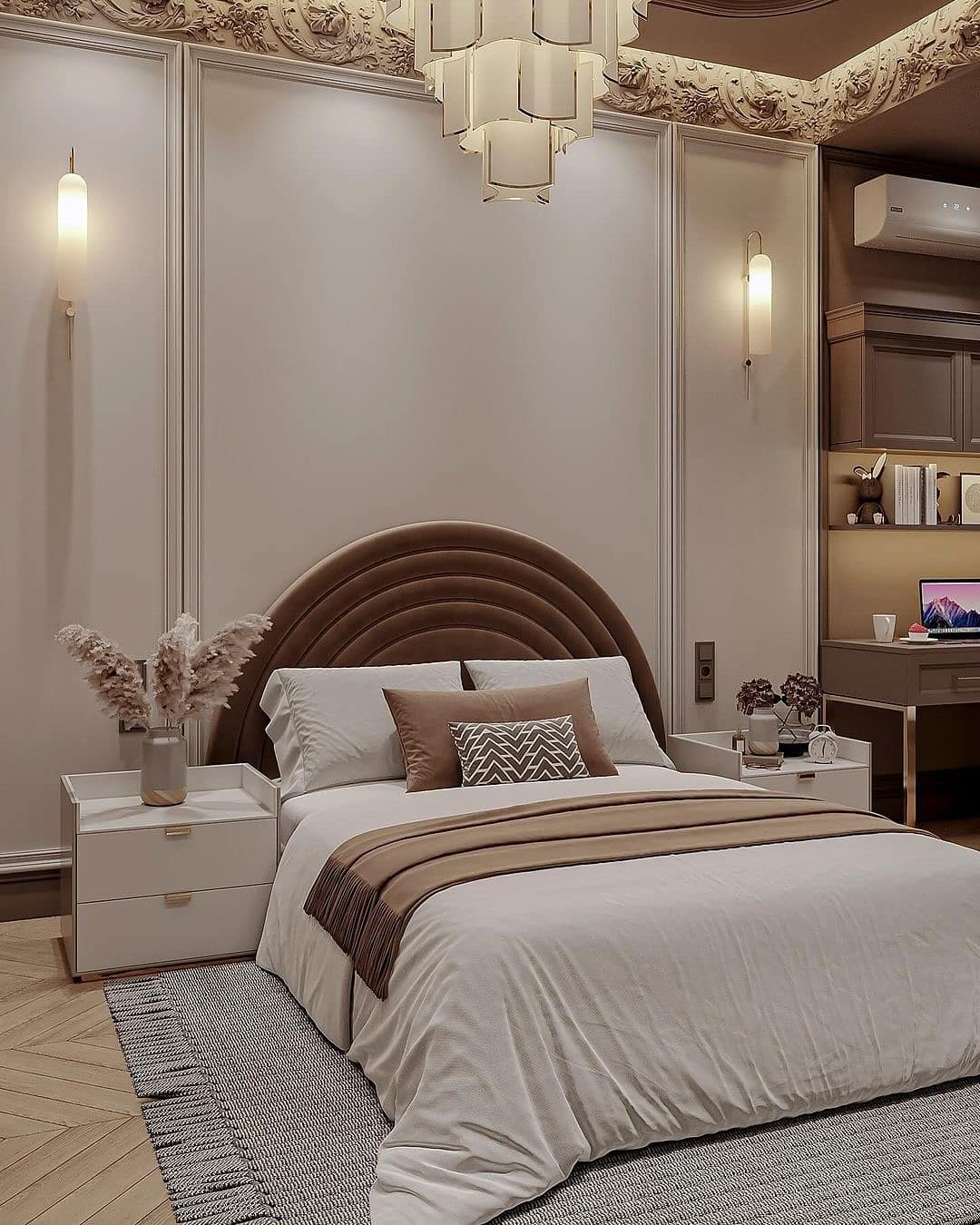 12. Classic Cream & Warm Brown Bedroom with Arched Headboard - luxury bedroom ideas