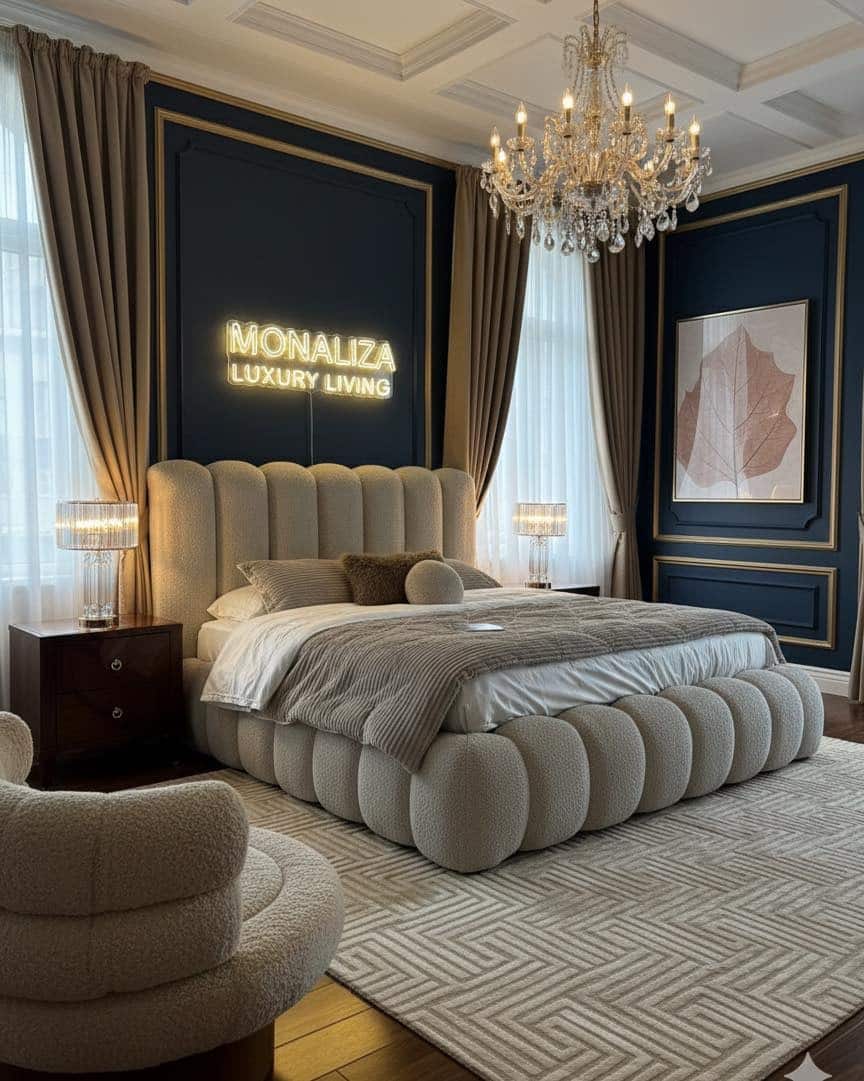 14. Navy Blue & Beige Luxury Bedroom with Statement Lighting - luxury bedroom ideas
