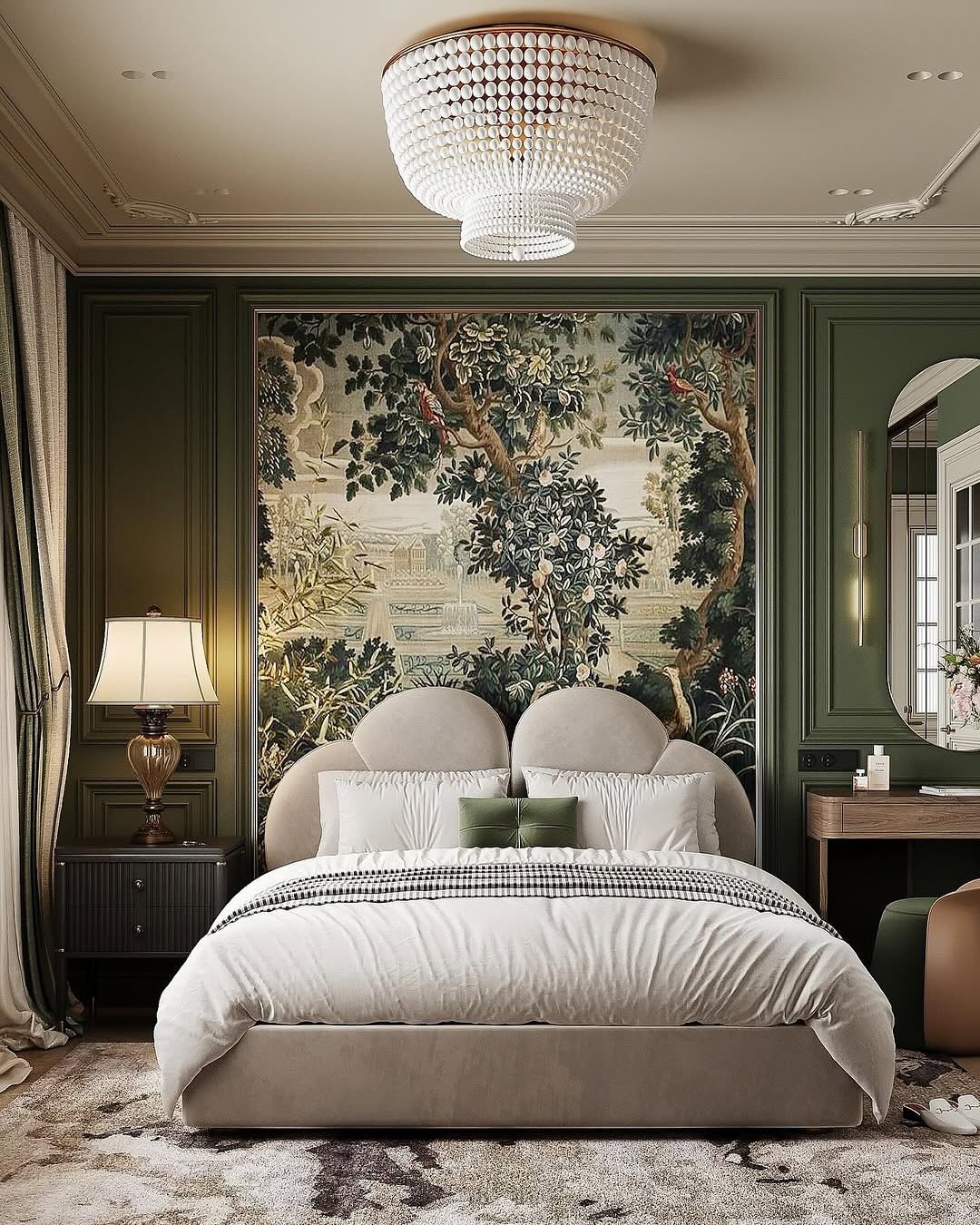 15. Classic Green & Cream Bedroom with Scenic Wall Art Feature - luxury bedroom ideas