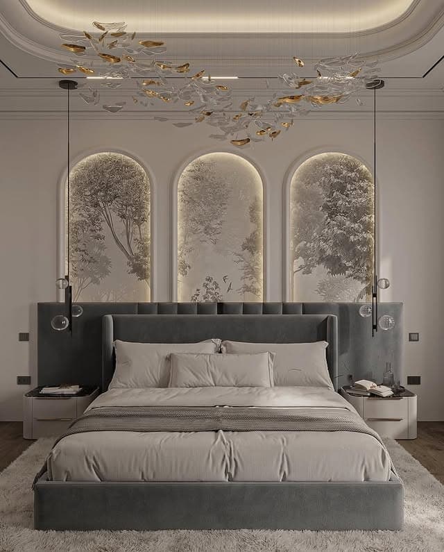 16. Contemporary Grey Bedroom with Arched Backlit Wall Panels - luxury bedroom ideas