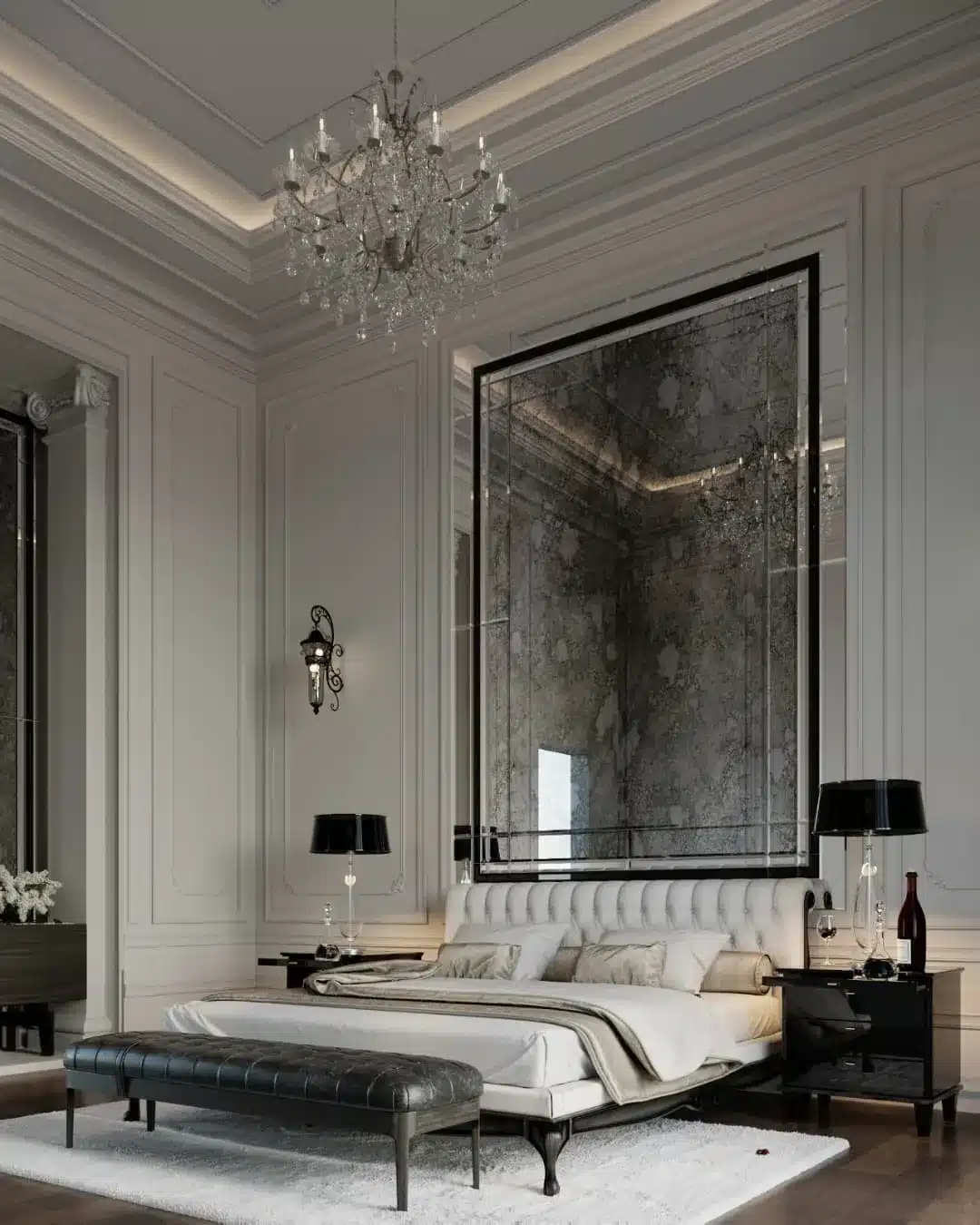 17. Monochrome White & Black Bedroom with Grand Mirror Accent - luxury bedroom ideas