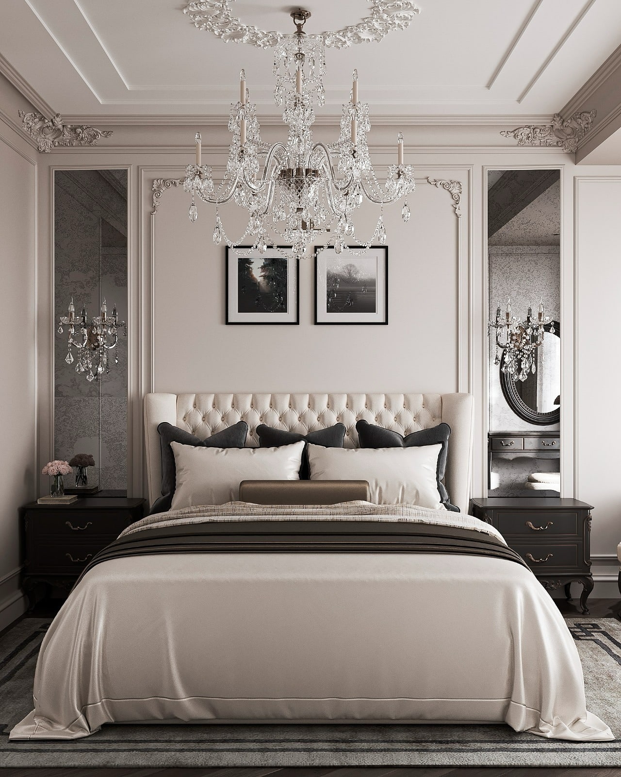18. Classic Ivory & Charcoal Bedroom with Crystal Chandelier Elegance - luxury bedroom ideas
