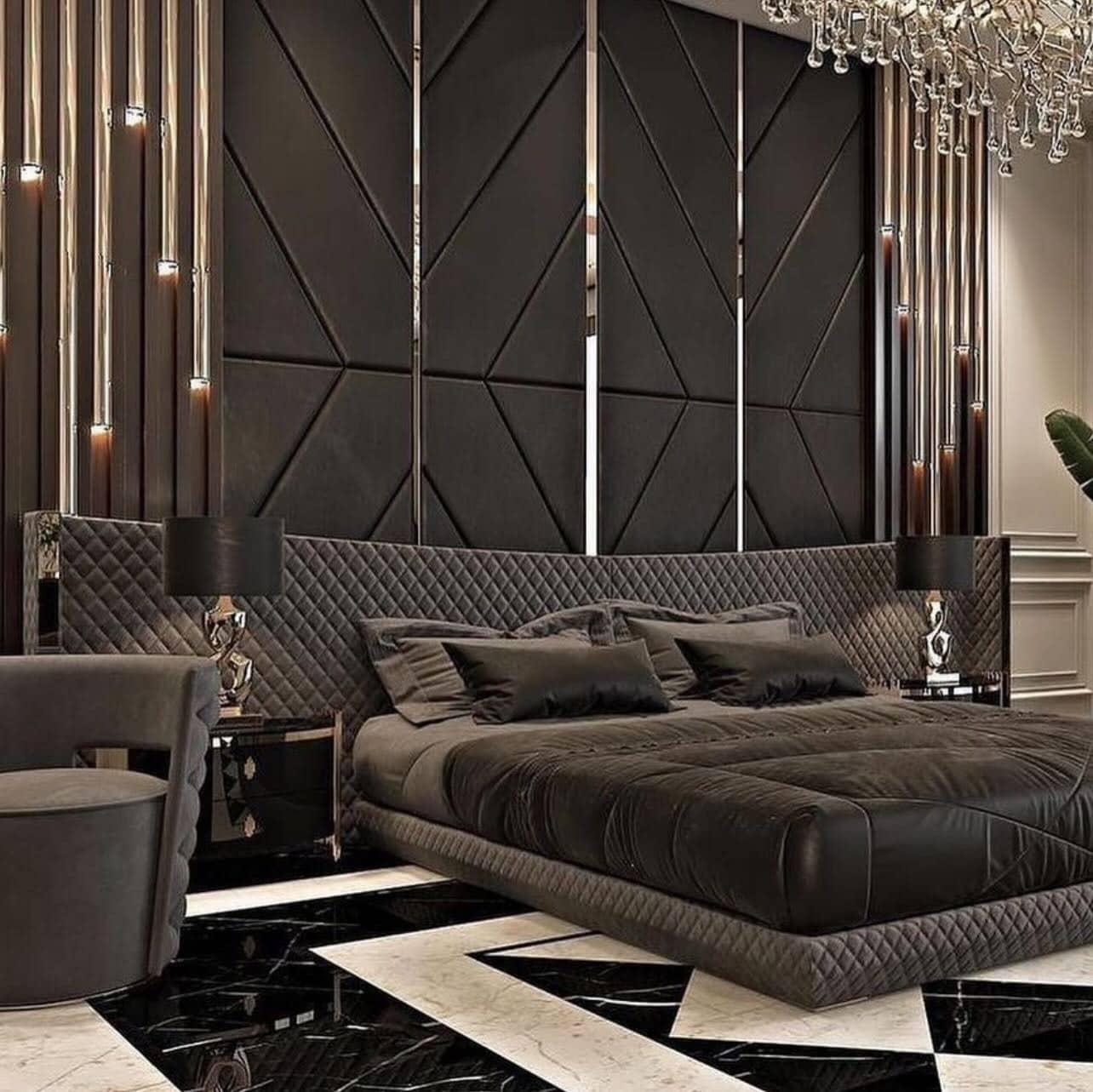 19. Dark Charcoal & Gold Bedroom with Geometric Wall Panels - luxury bedroom ideas