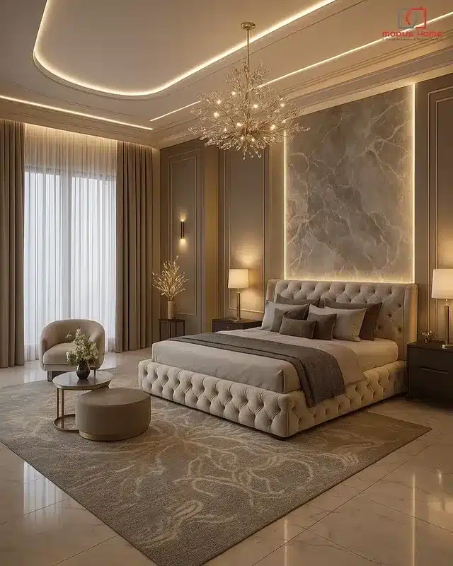 21. Elegant Beige & Champagne Bedroom with Marble Accent Wall - luxury bedroom ideas