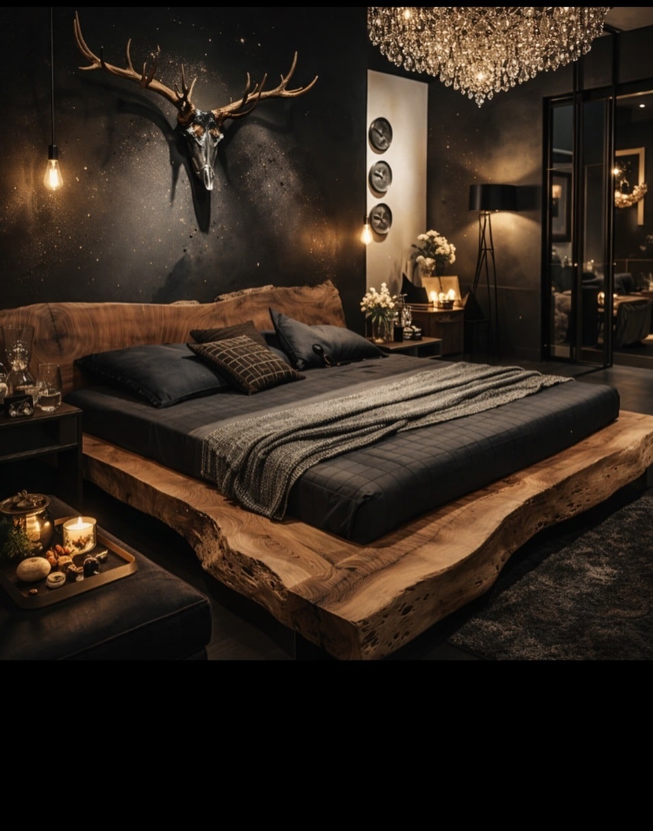 22. Rustic Dark Wood & Charcoal Bedroom with Statement Wall Decor - luxury bedroom ideas
