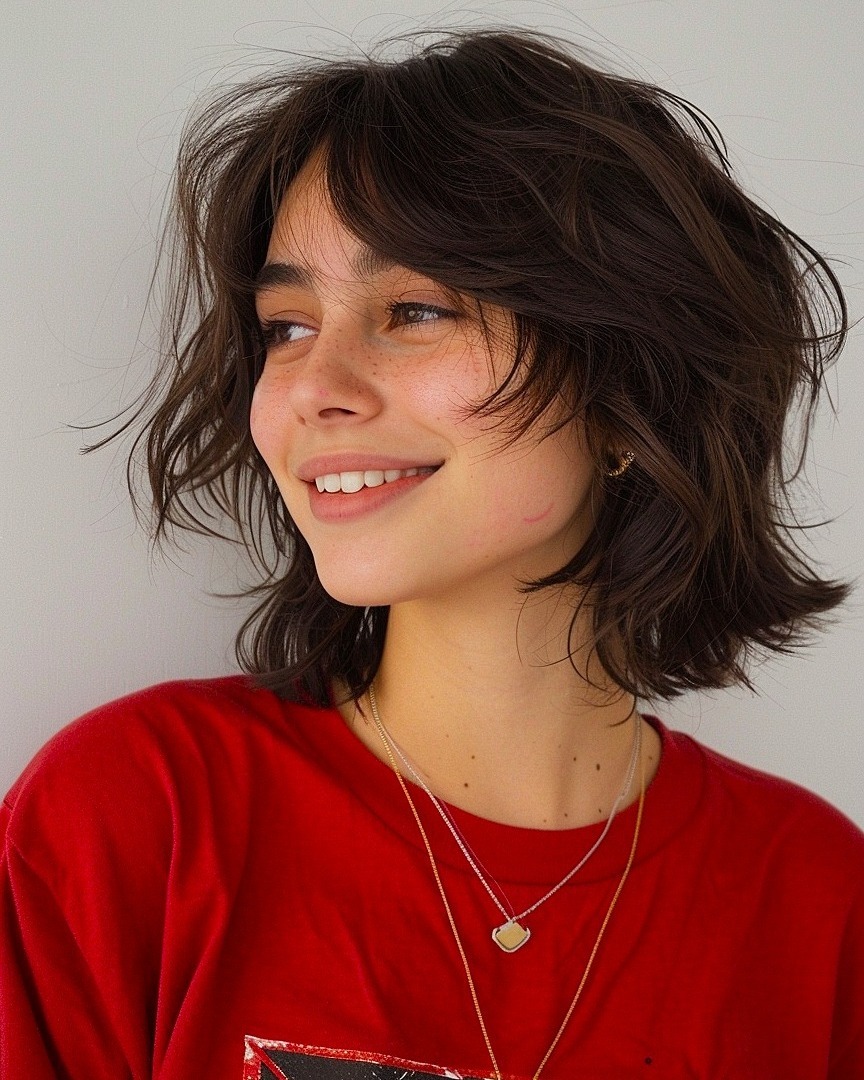 22. Textured Chocolate Brown Tousled Wolf Cut with Fringe - Short Wolf Cut