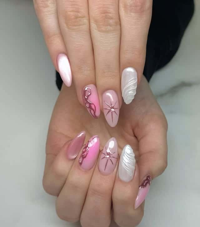 1. Soft Pink Chrome Swirl Almond Nails with Gem Accents - nail ideas with gems