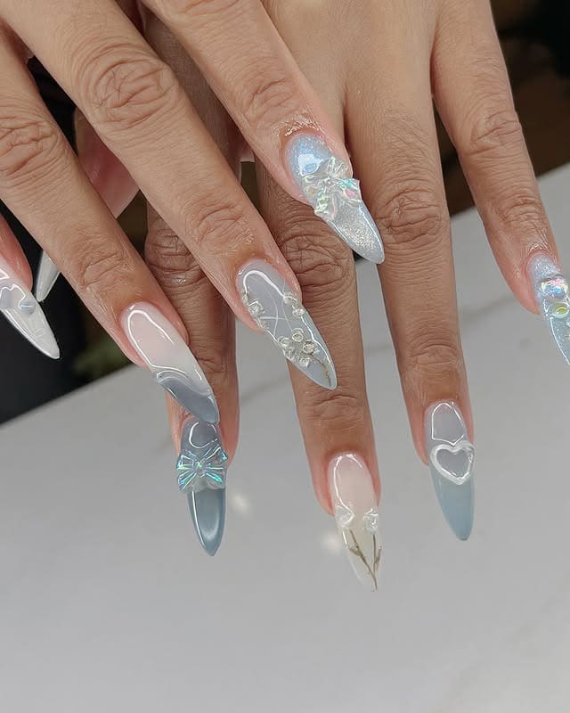 5. Frosted Grey Almond Nails with Iridescent 3D Art and Gems - nail ideas with gems
