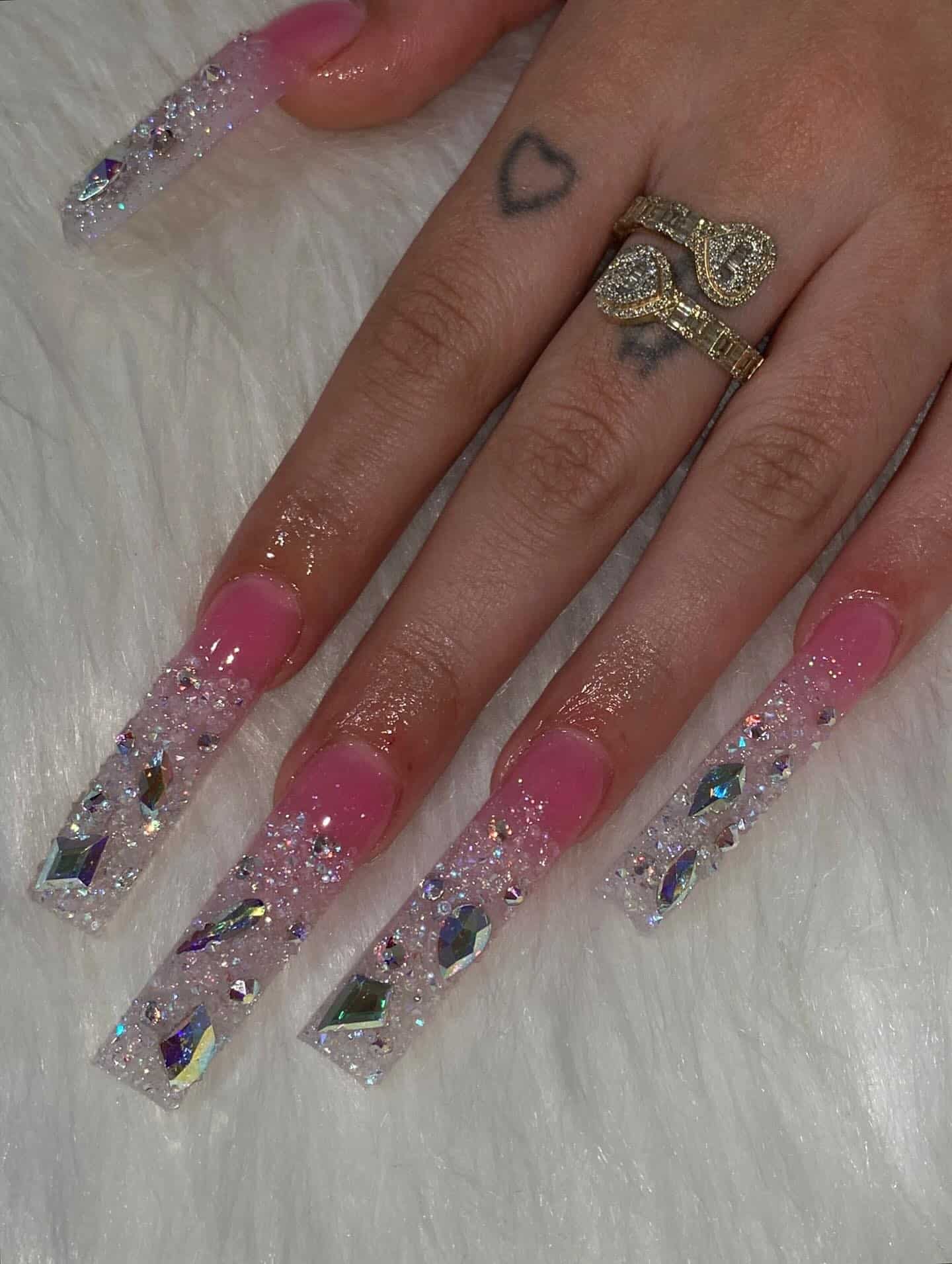 10. Pink Ombre Square Nails with Heavy Crystal Embellishment - nail ideas with gems