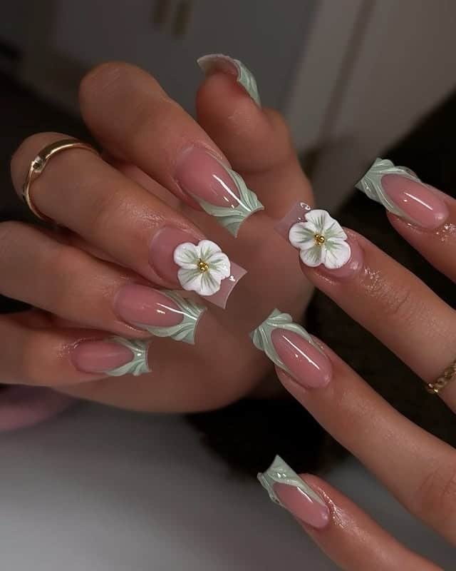 11. Nude Pink Square Nails with Sage Green 3D French Tips and Floral Gems - nail ideas with gems
